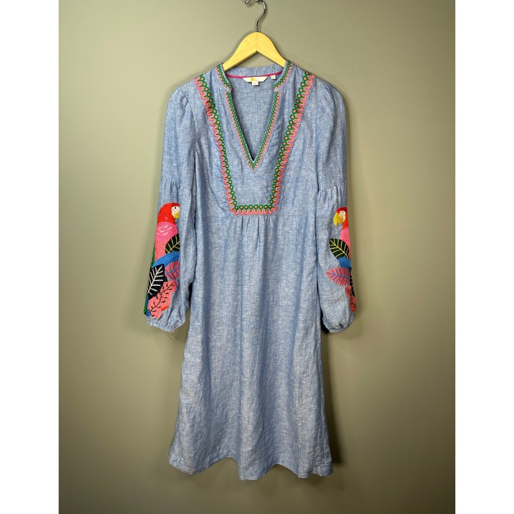 Boden Parrot Embroidered Linen Dress Women 6R Blue V-Neck Long Sleeve